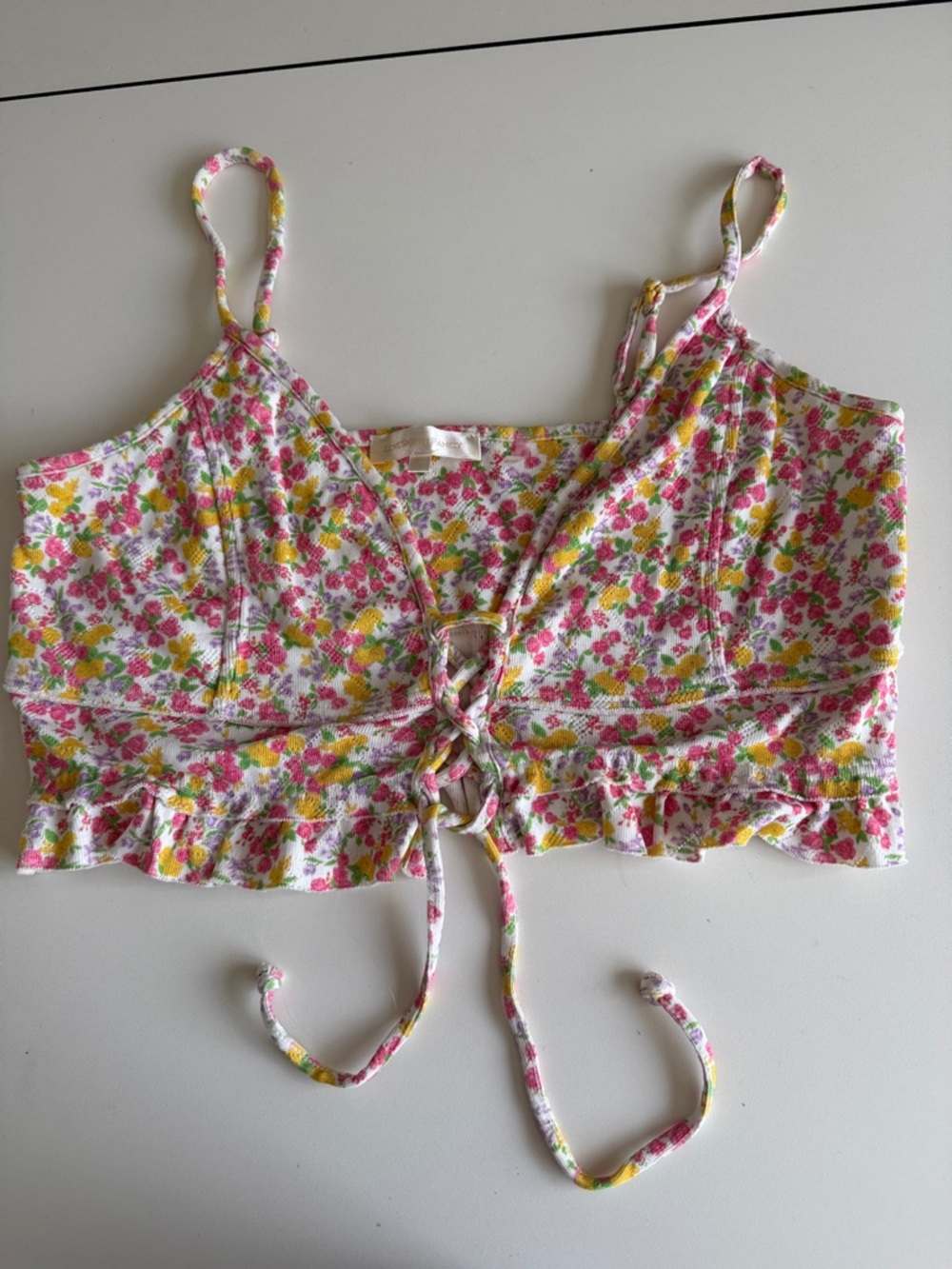 LoveShackFancy White Floral Tie-Front Crop Top - Pink, Yellow & Green L